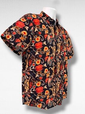Men’s Floral Botanical Print Button Up Shirt Black Red Short Sleeve Medium